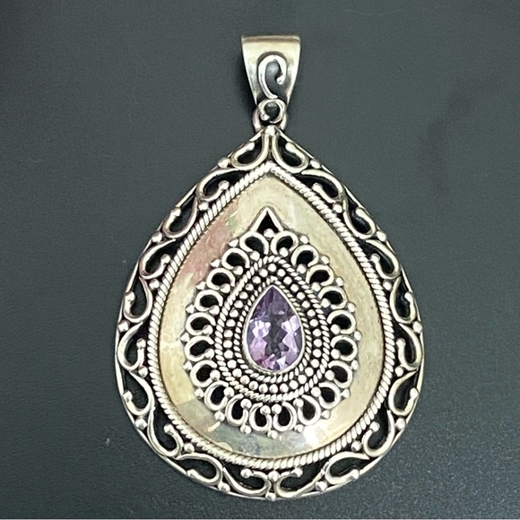 Vintage DP 925 Sterling Silver Filigree Bali Amethyst Large Teardrop Pendant 26g - Picture 2 of 16